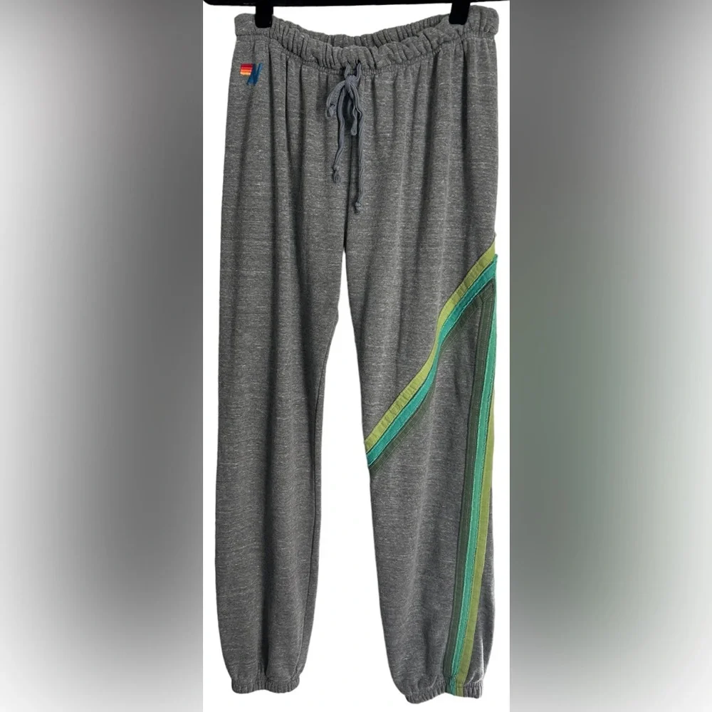 *SOLD* AVIATOR NATION Rare Sweatpants- Heather Grey/ Green Stripes Size Small - Picture 1 of 9